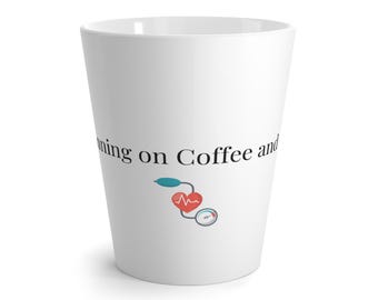 RN Running on Coffee and Compassion Latte Mug | Nurse Heart Stethoscope
