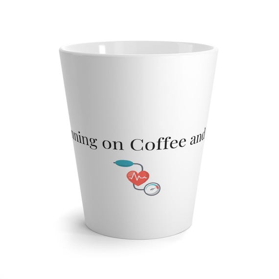 RN Running on Coffee and Compassion Latte Mug | Nurse Heart Stethoscope