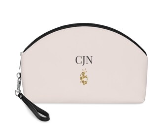 Monogrammed Blush Makeup Bag | Faux Leather Toiletry Pouch with Wrist Strap