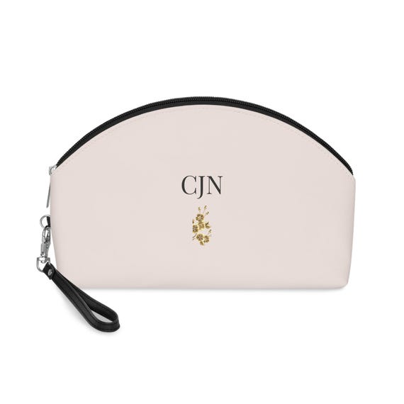 Monogrammed Blush Makeup Bag | Faux Leather Toiletry Pouch with Wrist Strap