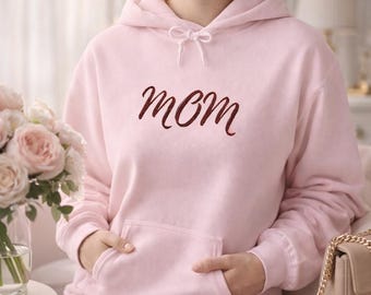 Mom Script Logo Hoodie, Minimalist Embroidered Mom Sweatshirt, Gift for Mothers