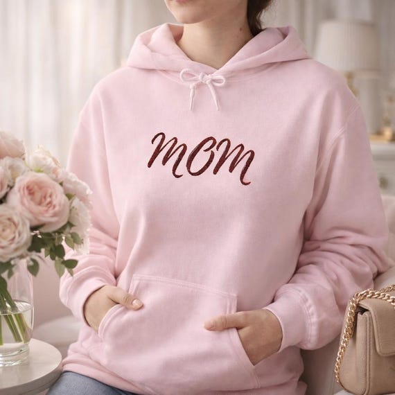 Mom Script Logo Hoodie, Minimalist Embroidered Mom Sweatshirt, Gift for Mothers