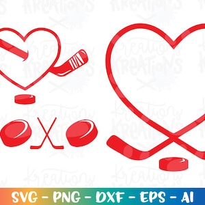 May include: Red hockey-themed Valentine's Day graphics. One design features a heart pierced by an arrow and hockey stick, with a puck below. The other design has a heart with crossed hockey sticks and a puck. The word "XOXO" is also included.
