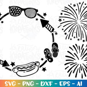 May include: Black and white silhouette design of a circle frame with fireworks, sunglasses, hot dogs, flip flops, and firecrackers.  The design is perfect for a 4th of July or summer celebration.