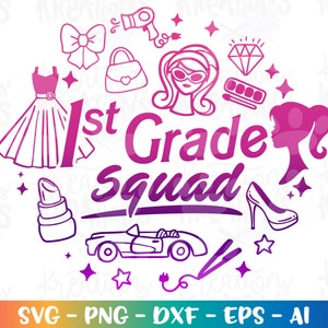 1st Grade First Squad SVG terug naar school svg girly modepop handgeletterden afdrukken opstrijkbare gesneden bestand instant download vector svg eps png dxf