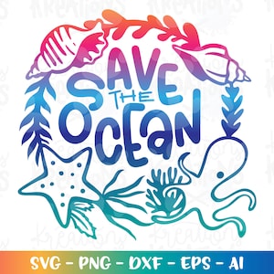 Salve o oceano Svg Guirlanda de oceano desenhada à mão svg Citação de praia ferro na impressão arquivo cortado Cricut Silhouette Download instantâneo vetor SVG png eps dxf