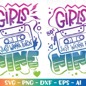 バースデーガール svg ミックステープ 80年代の雰囲気 女の子は9歳になりたいだけ 9ミュージックカセットプリント アイロンオンカットファイル シルエット クリカットカメオ ダウンロード