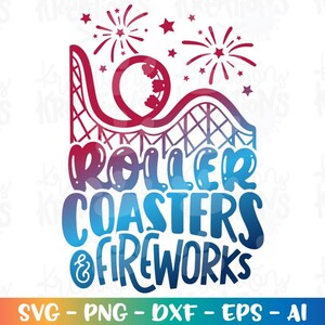 Puede incluir: Diseño gráfico con una montaña rusa y fuegos artificiales en rojo, morado y azul. Las palabras "ROLLER COASTERS & FIREWORKS" se muestran en una fuente degradada. La parte inferior de la imagen incluye opciones de tipo de archivo: SVG, PNG, DXF, EPS y AI.