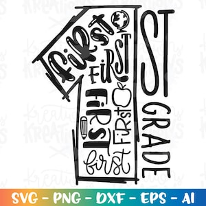 May include: Black and white graphic design of the number one with the words "First" and "First Grade" repeated in different styles and sizes.