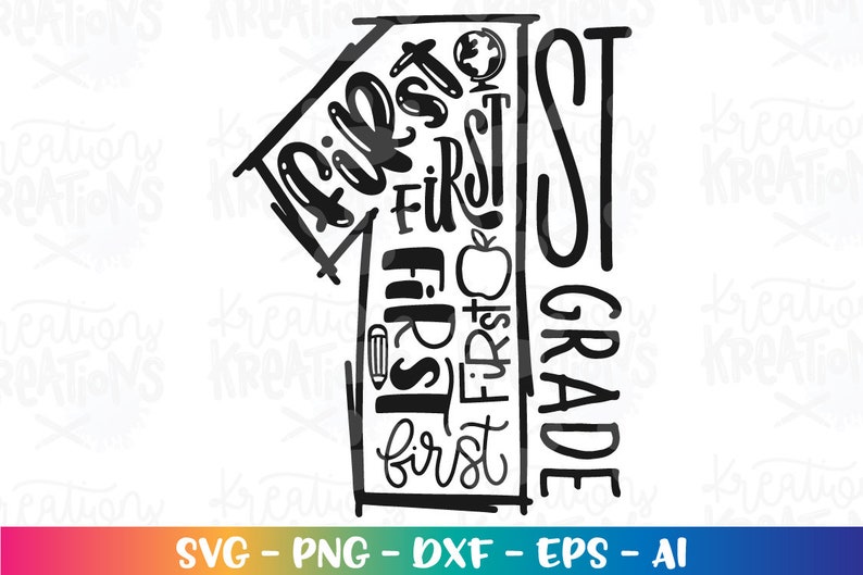 May include: Black and white graphic design of the number one with the words "First" and "First Grade" repeated in different styles and sizes.