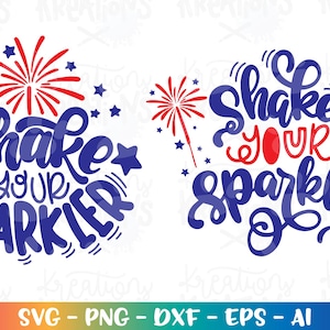Puede incluir: Dos diseños digitales con fuegos artificiales rojo, blanco y azul y el texto "Shake your sparkler".