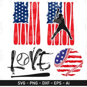 Pode incluir: Um design gráfico com elementos de beisebol. Inclui dois designs de bandeira americana com bastões de beisebol, uma bola de beisebol com um design de bandeira americana, a palavra "LOVE" com uma bola e um bastão.