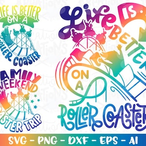 Può includere: Grafiche colorate a tema montagne russe. I disegni includono le frasi "Life is Better on a Roller Coaster" e "Family Weekend Coaster Trip". L'immagine include anche i tipi di file: SVG, PNG, DXF, EPS e AI.