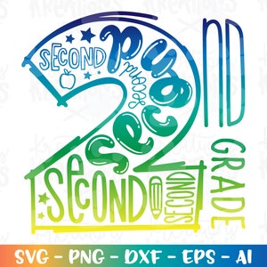 De volta às aulas svg Segunda série svg com letras à mão desenhada à mão cor crianças menina menino imprimir ferro em arquivo cortado download instantâneo vetor eps png dxf
