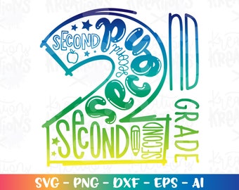 Pode incluir: Um design gráfico colorido do número 2 com as palavras "Second Grade" escritas ao redor. O número 2 é composto pela palavra "Second" escrita várias vezes.