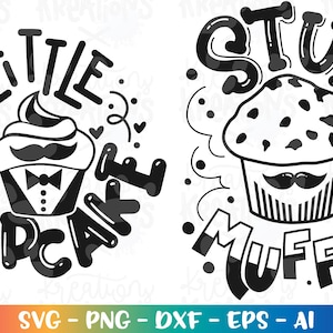 Op de afbeelding: Zwart-wit grafisch ontwerp met twee illustraties van cupcakes met snorren. De eerste cupcake is gelabeld "Little Cupcake" en de tweede cupcake is gelabeld "Stud Muffin".