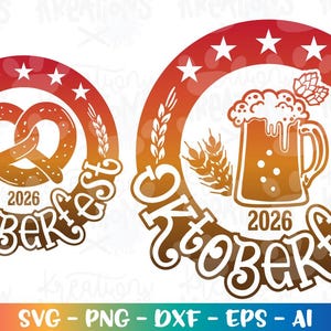 K&ouml;nnte beinhalten: Zwei Oktoberfest-Designs. Eines zeigt eine Brezel, das andere einen Bierkrug, beide in einem kreisf&ouml;rmigen Rahmen. Die Designs sind in Orange- und Braunt&ouml;nen gehalten und tragen den Text "Oktoberfest 2026".