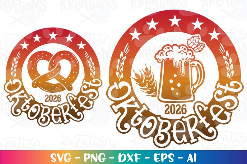 K&ouml;nnte beinhalten: Zwei Oktoberfest-Designs. Eines zeigt eine Brezel, das andere einen Bierkrug, beide in einem kreisf&ouml;rmigen Rahmen. Die Designs sind in Orange- und Braunt&ouml;nen gehalten und tragen den Text "Oktoberfest 2026".