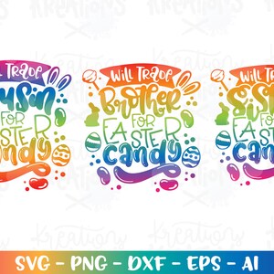 Cambiará a Hermano PRIMO Hermana por dulces de PASCUA SVG conejito hierro de caramelo en archivo de corte impreso Cricut Silhouette Descargar vector png eps dxf