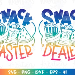 Snack Dealer SVG Snack Master SVG Palomitas de maíz plátano sandía nachos imprimir hierro en archivo cortado Cricut Silhouette descarga instantánea Descargar
