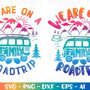 May include: A colorful graphic design with the text "We are on a family road trip" in a rainbow gradient. The design features a vintage van with mountains, trees, and a sun in the background.