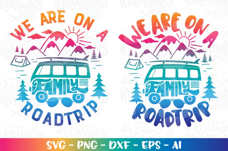 May include: A colorful graphic design with the text "We are on a family road trip" in a rainbow gradient. The design features a vintage van with mountains, trees, and a sun in the background.
