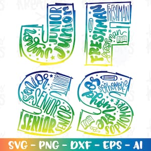 Op de afbeelding: Een set van vier kleurrijke SVG-snijbestanden, elk met een ander schooljaar: Junior, Senior, Freshman en Sophomore. De tekst is gestyled met een regenboogverloop en bevat sterren en andere decoratieve elementen.