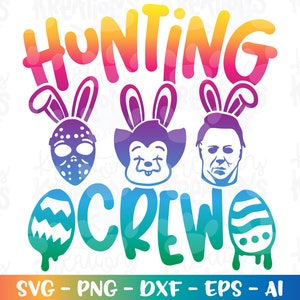 Equipo de caza svg Caza de huevos de Pascua Horror lindo primo Peeps hierro de impresión de pascua en hierro de archivo cortado en Cricut Silhouette Descargar vector png dxf