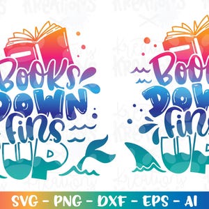 Fim da escola svg Tubarão de verão Sereia svg Livros para baixo Barbatanas para cima svg impressão ferro em arquivo de corte Cricut Silhueta Baixar vetor SVG png dxf