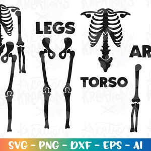 May include: Black and white silhouette of a skeleton with the words "LEGS", "TORSO", and "ARMS" labeling the different parts of the body.