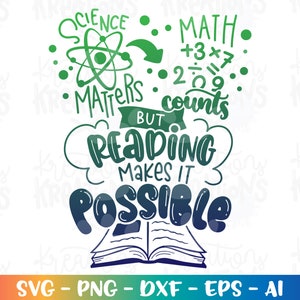 Science Matters, Math Counts but Reading makes it POSSIBLE SVG Wissenschaft Mathe Zitat Lesewoche Schnittdateien Cricut Silhouette SVG png dxf