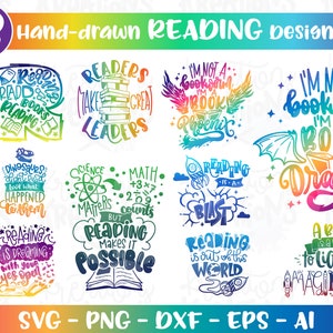 Reading Bundle SVG 13 handgezeichnete designs Buch Zitate Bücher Lesen Lesewoche Sprüche Cut Files Cricut Silhouette SVG png dxf Sublimation