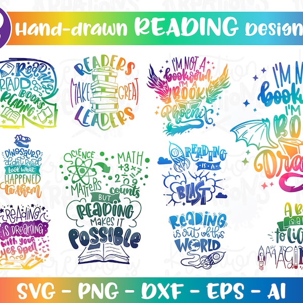 Reading Bundle SVG 13 hand drawn designs Book quotes Books Read reading week sayings cut files Cricut Silhouette SVG png dxf Sublimation