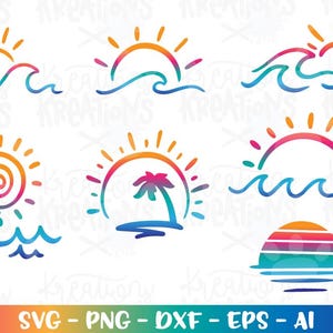 Op de afbeelding: Een verzameling kleurrijke ontwerpen van zonsondergangen en golven. Elk ontwerp toont een zon in tinten oranje, roze en geel, gecombineerd met blauwe en turquoise golven. De onderkant van de afbeelding toont de tekst "SVG - PNG - DXF - EPS - AI".