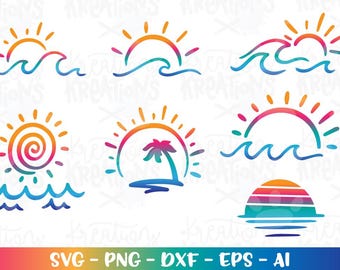 Sol och vågor SVG handritade designer sommarlogotyp bunt stryktryck skjorta klippfil silhuett Cricut nedladdning vektor png dxf sublimering