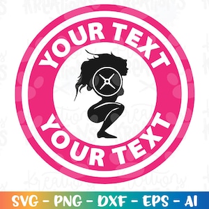 Può includere: Cerchio rosa con contorno bianco e il testo "YOUR TEXT" in bianco. All'interno del cerchio c'è una silhouette nera di una persona che solleva pesi.