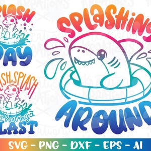 SVG lindo tiburón dinosaurio chapoteando en flotador Piscina de surf de verano Niños Verano chapoteo salpicadura impresión planchar archivo de corte Cricut Descargar png