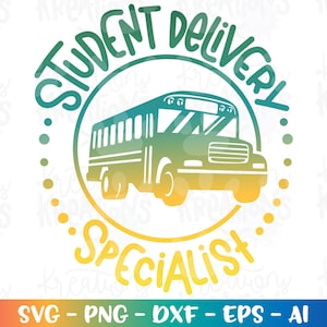 Puede incluir: Un dise&ntilde;o circular verde y amarillo con el texto "Especialista en entrega de estudiantes" y un gr&aacute;fico de autob&uacute;s escolar.
