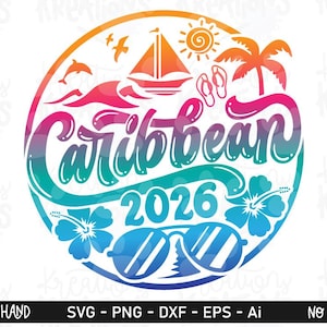 May include: A circular graphic design featuring a gradient of orange, pink, and blue colors. It displays the text Caribbean 2026, a sailboat, a sun, a palm tree, flip-flops, hibiscus flowers, sunglasses, and a dolphin silhouette against a white background.