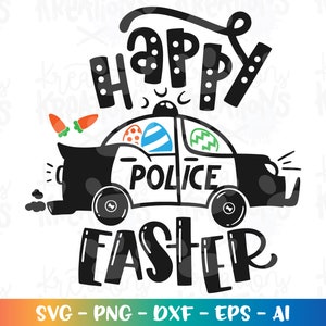 May include: A black and white graphic design featuring a police car with Easter eggs on the roof. The text "Happy Easter" is written in a playful font above the car.