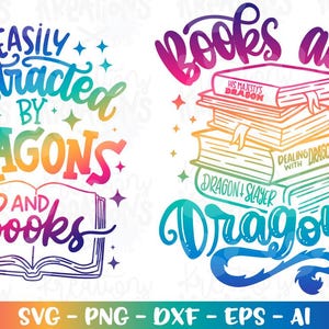 Bücher und Drachen SVG Buch Zitat Drachen Bücher Lesen Lesewoche Schnittdateien Cricut Silhouette SVG Png Dxf Sublimation