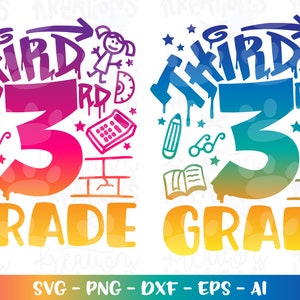 Back to school svg Third grade 3rd graffiti hand drawn color kids girl boy print iron on cut file instant download vector eps png dxf