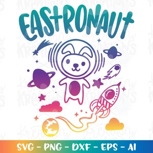 Könnte beinhalten: Ein farbenfrohes Grafikdesign mit dem Text "EASTRONAUT", einem Hasen mit einem Raumhelm und umgeben von Sternen, Planeten und einer Rakete.