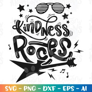 May include: Black and white graphic design with the text "Kindness Rocks" in a stylized font. The design features a guitar, sunglasses, and stars.