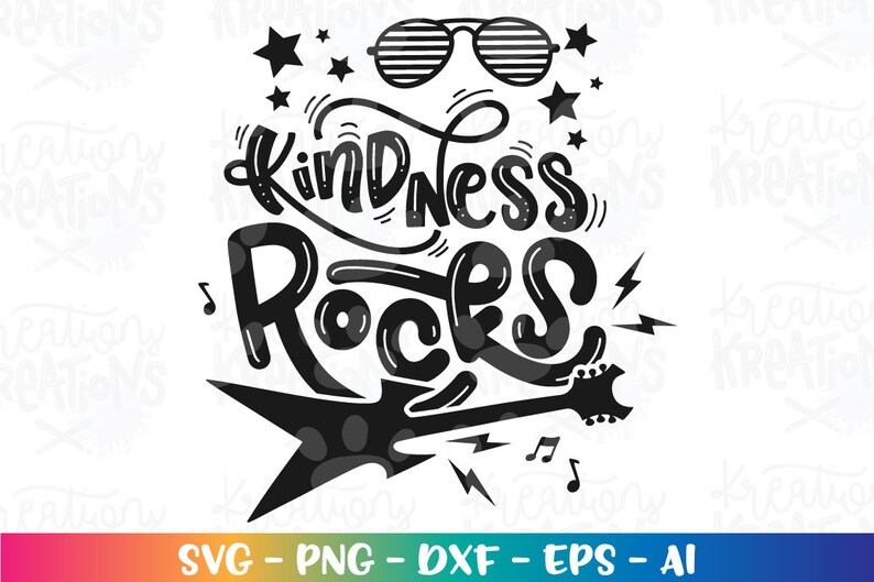 May include: Black and white graphic design with the text "Kindness Rocks" in a stylized font. The design features a guitar, sunglasses, and stars.