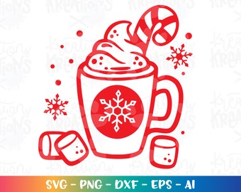 Hot Cocoa Clipart svg Christmas cute chocolate mug with marshmallows print iron on cut file silhouette download svg dxf png sublimation