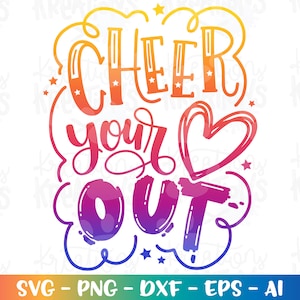 May include: A colorful graphic design with the text "Cheer your out" in a rainbow gradient. The text is surrounded by a heart shape and stars.