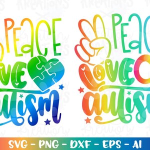 Paix amour autisme SVG sensibilisation à l'autisme infini forme citation jolie impression couleur de fer sur des fichiers coupés Cricut Silhouette téléchargement immédiat png dxf