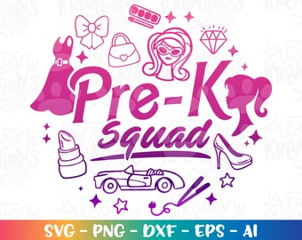 May include: Pink and purple graphic design with the text "Pre-K Squad" and various images including a dress, lipstick, a car, a hairbrush, a diamond, a bow, a purse, and a doll.