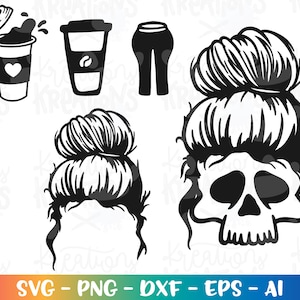 Bun Hair Clipart Bundle disordinato mamma Yoga pantaloni caffè svg mamma vita stampa ferro su file tagliati Cricut Silhouette Instant Download vettoriale png dxf